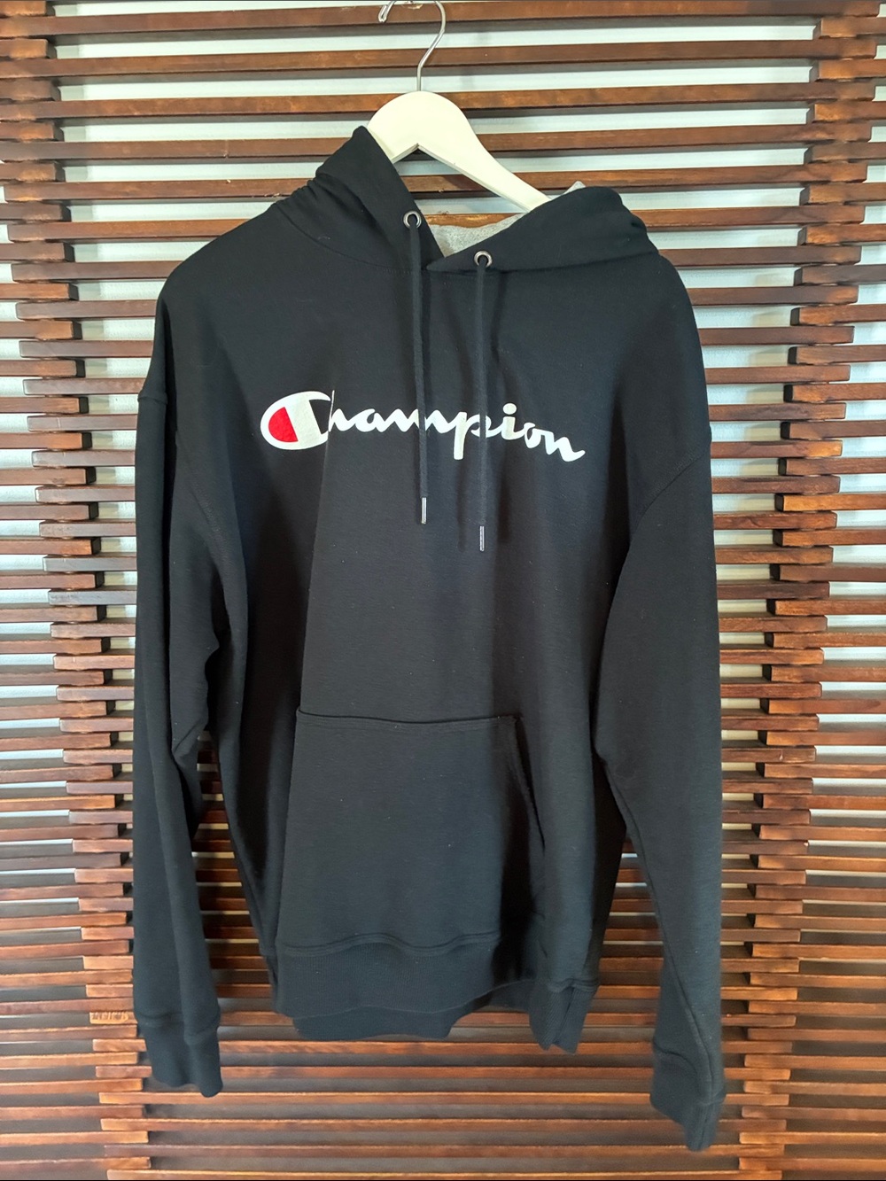 🎉NEW LISTING!🎉Champion Black Hoodie with White Script and Red Logo Accent